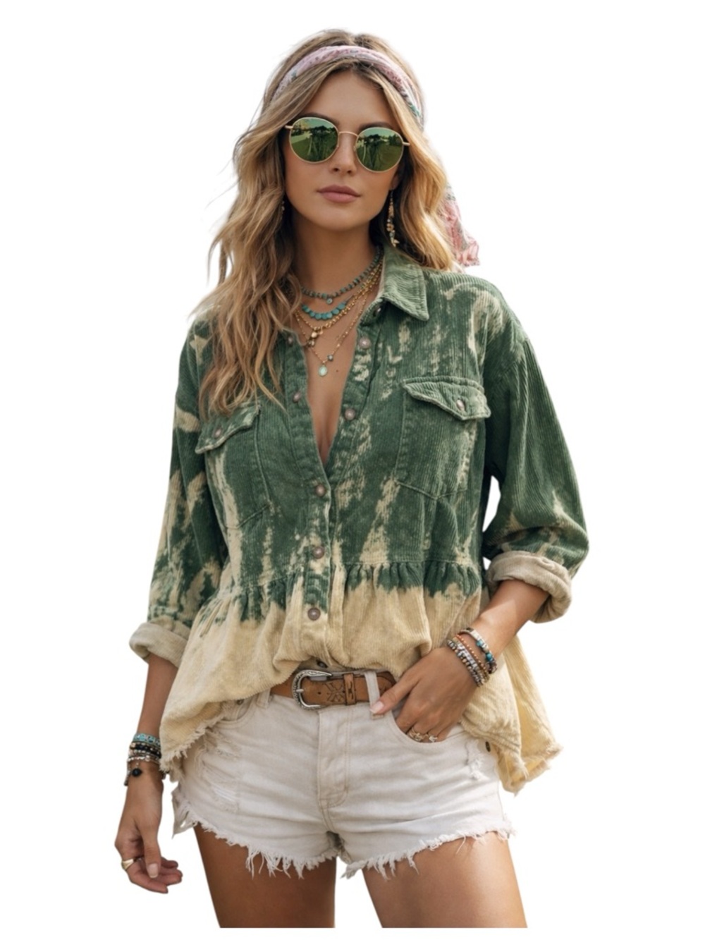 Green Bleach Dye Corduroy Peplum Shirt Jacket Women’s Medium Boho Cottagecore
